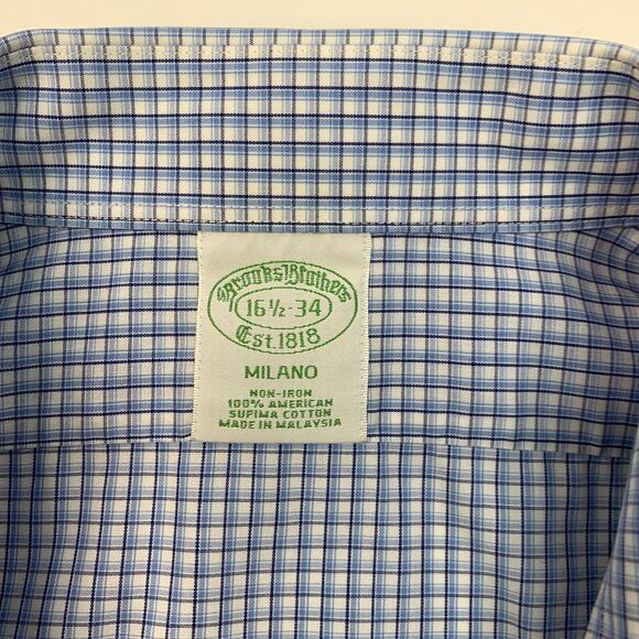 Brooks Brothers Shirt Mens 16.5 Blue White Plaid Milano Non Iron Cotton *READ - Picture 4 of 11